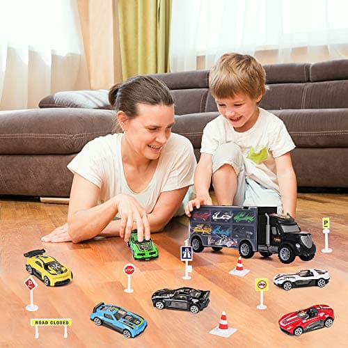 m zimoon Jouet de Camion de Transporteur de Voiture avec 6 Mini Voitures en Métal, Voiture Enfant Jouet Cadeau pour 3 4 5 6 Ans Garçons Filles Enfants