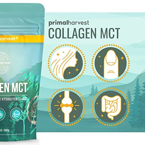 Primal Harvest Collagen MCT poudre - 30 portions - alimentation durable à l'herbe & poudre d'huile de noix de coco - hydrolysat de collagène- goût neutre & solubilité optimale