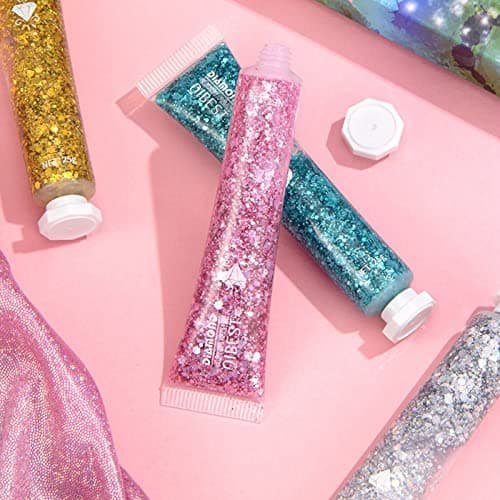 JasCherry 6 Bouteilles Gel Paillettes pour Corps, Sparkling Chunky Sirène Paillettes Fard à Paupières, Gel Scintillant Visage de Longue Durée pour Yeux, Cheveux, Ongles, Maquillage et Festivals
