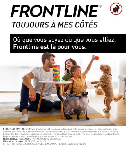 FRONTLINE Spot On Chat - Anti Puces, Tiques & Poux broyeurs - Protège L'Animal pendant 4 semaines contre les Puces, 2 semaines contre les Tiques - Fabriqué En France - 6 Pipettes Application Spot On