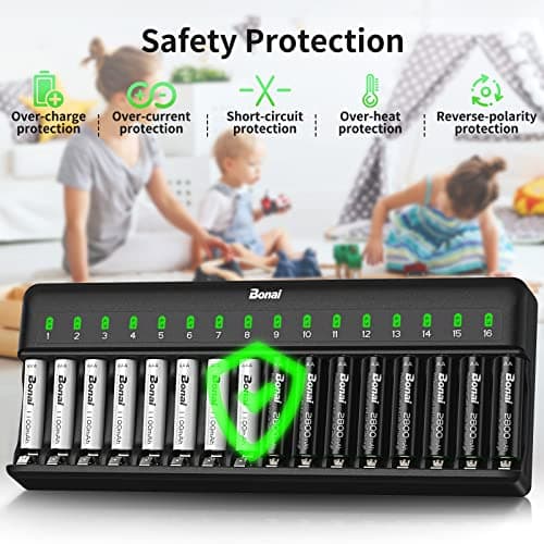 BONAI Chargeur Piles Rechargeable Rapide, 16 Slots Rechargeable Chargeur Piles pour AA AAA Ni-MH Ni-CD avec lumière LED et Câble de Charge AC, Contrôle Indépendant, Chargeurs intelligents