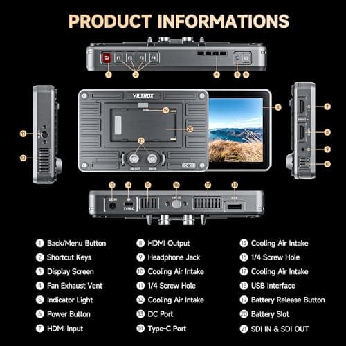 VILTROX DC-X3 2000 Nits SDI Kit Moniteur de terrain pour caméra avec cage, 4K HDMI Moniteur vidéo à écran tactile avec pare-soleil/batterie, 3D Lut 1920X1080 HD Full Waveform Focus Peaking VectorScope
