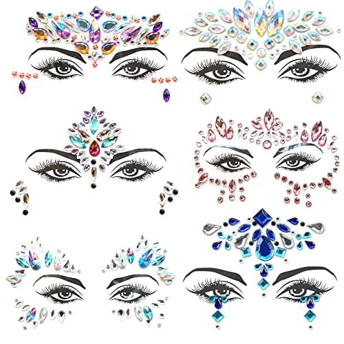 Autocollant Visage 6 feuilles Gemmes de Visage Autocollants pour le Visage en Cristaux pour Yeux Affronter Corps Tatouages Temporaires