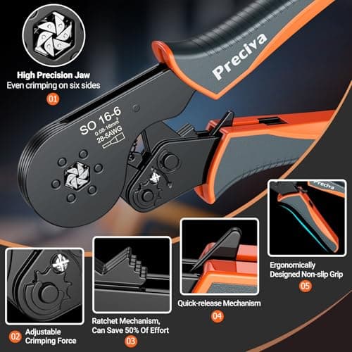 Dual Pince a Sertir, Sertisseuse Electrique Hexagonal 0.08-16mm2, Outil de Sertissage à Cliquet Auto-Adjuvantable Preciva, 1200pcs Terminaux