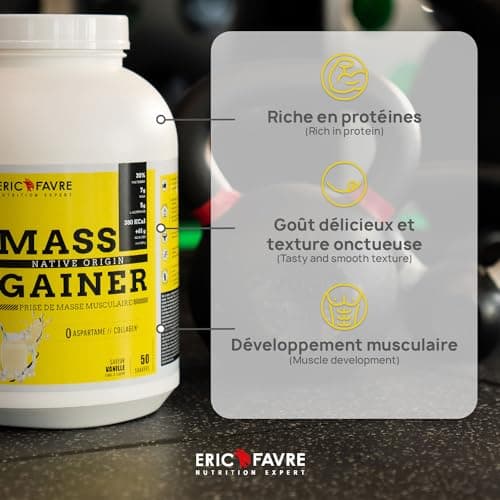 MASS GAINER +61% Glucides bi-sources, 30% Protéines, Prise de Masse Rapide, Gain de poids et Masse Musculaire - Eric Favre - Cookies 3 kg