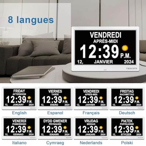 TROCOTN 10 Pouces Horloge numérique Horloge de Jour Grand écran réveil Horloge Murale (Blanc)