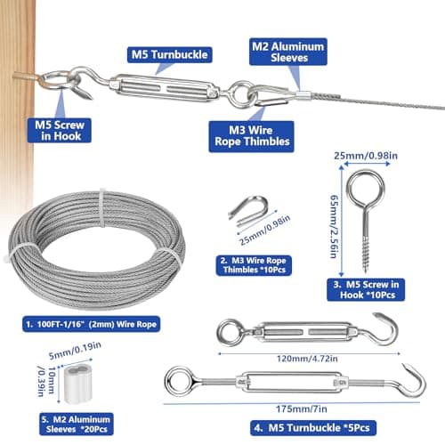 TooTaci Corde en Acier Inoxydable à Suspendre Kit,30M/2mm Câble en Acier Inoxydable Revêtu avec M5 Tendeurs de Fil,Kit Cable Metallique 2mm pour Plantes Grimpante,Outdoor Suspension,Corde a linge