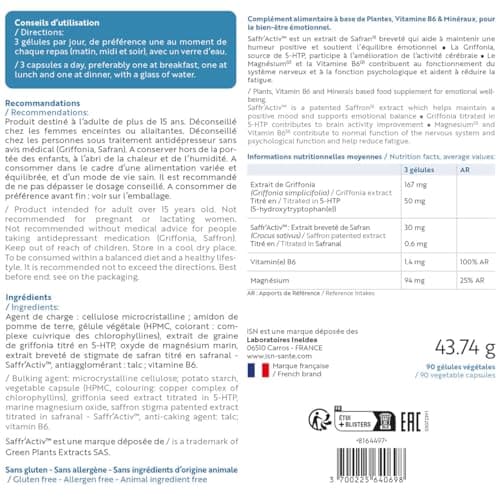 ISN - Euphoryl®- Complément alimentaire à base de Safran, Magnésium Marin et Vitamine B6 - Bon équilibre émotionnel - Vitalité - 90 gélules végétales - Cure 30 jours