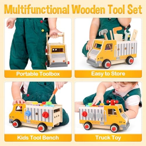 DINORUN Outils Enfant Jouet en Bois, Boite a Outils Enfant, Montessori Jeux, 47 Pièces Jeux avec Boîte à Outils, Cadeau Garcon Fille 3 4 5 6 Ans