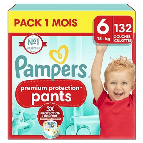 Pampers Premium Protection Pants, Taille 6, 132 Couches-Culottes, 15kg+, Notre Meilleur Confort & Protection, Maintien 360° Contre Les Fuites et Matières Ultra-Douces, Pack 1 Mois