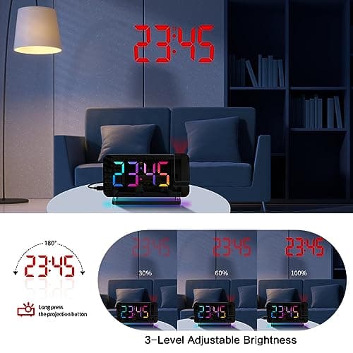 ThreeH Réveil Arc-en-Ciel Numérique Réveil à Projection Grand écran LED Miroir Veilleuse Colorée Double Ports Charge USB Fonction Snooze Dimming Volume Ajustable Noir