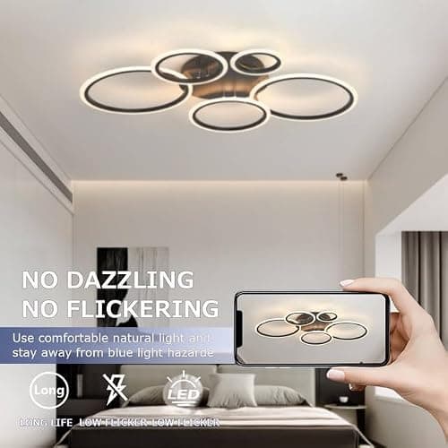 KeLuKes Plafonnier LED Chambre, Lustre LED Salon avec Télécommande, Fonction Mémoire, 3000k-6500k, Minuterie, Plafonnier Anneaux de 100cm, Noir