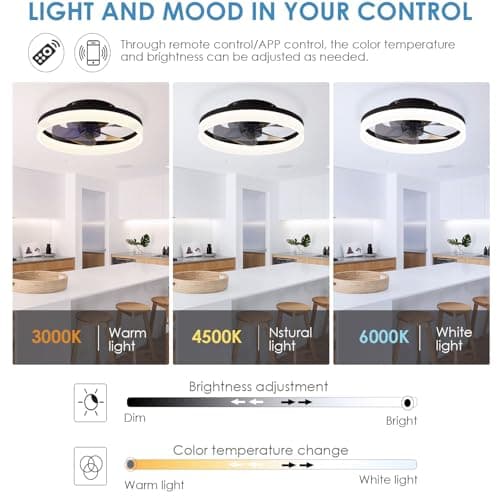 MOSSCO Petit Ventilateur de Plafond Silencieux avec Télécommande Pour Toutes les Saisons, 6 Vitesses et vent Réversible, LED Dimmable, 3000K- 6000K, et Moteur à courant Continu 40 cm