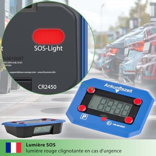 fouraces Disque de stationnement électronique - Automatique, Heure d'été et d'hiver - indicateur de Batterie, Homologation, Batterie de Rechange, pour Voiture, Bleue, Bleu