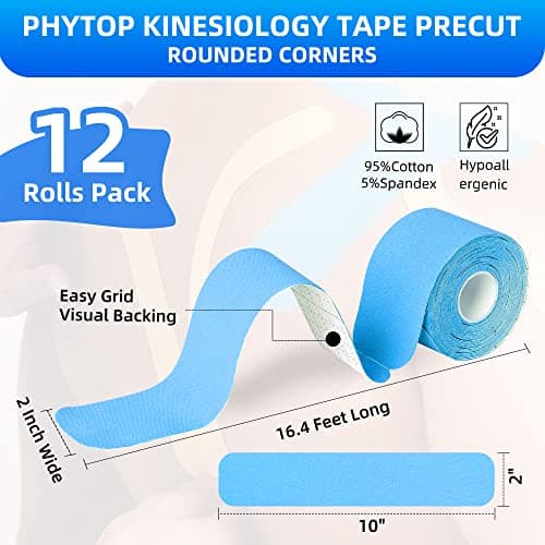 PHYTOP 12 rouleaux de Bande de Kinésiologie Prédécoupée – Tape Kinesiologie 5cm x 5m pour le genou, l'épaule et le coude, K Tape pour le soutien musculaire et la récupération après une blessure
