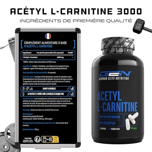 Acetyl L-Carnitine 3000 avec 250 gélules - 3000 mg par portion quotidienne - Premium : L-Carnitine sous forme d'acétyle - hautement dosée - Vegan