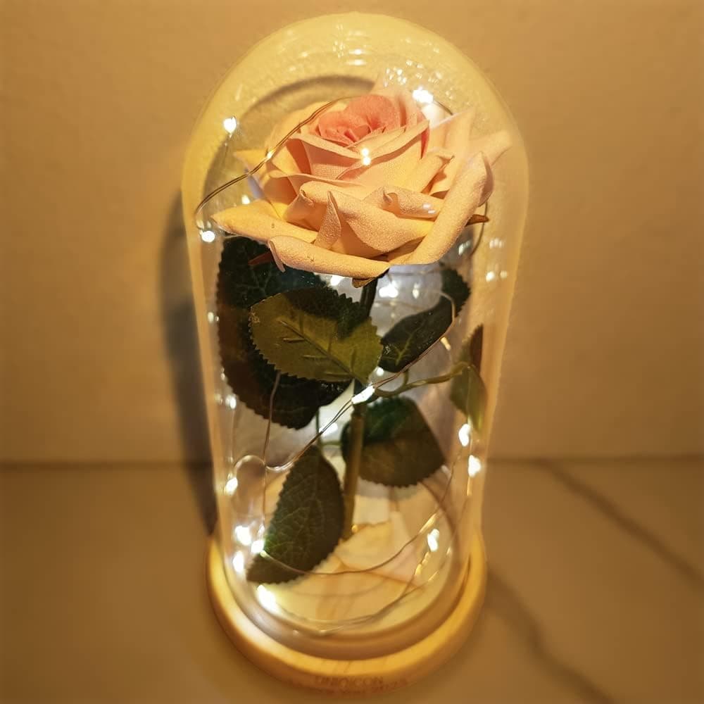 Saint Valentin Rose Eternelle sous Cloche, La Belle et la Bête Rose, Dôme en Verre Rose éternelle avec lumière LED et Base, Mariage Maison Décor, Cadeau Unique pour Maman, Femme, Mere, Mamie, Amie