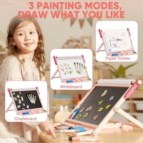 FUNLIO Chevalet de Table Magnétique Anti-Déformation pour Enfants 3 Ans+ (100+ Pièces), Double Face en Bois avec 3 Angles Réglables, Tableau Blanc, Tableau Noir & Rouleau de Papier, Pliable - Rose