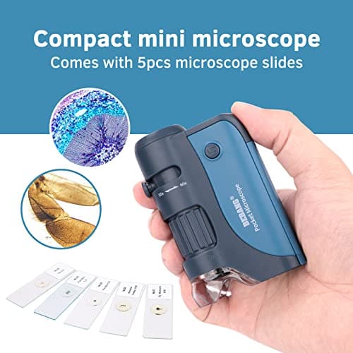 Microscope de Poche 60x-120x, Mini Microscope Portable avec Zoom éclairé par LED, 5 Lames de Microscope préparées, Microscope Portable pour Les Enfants, Les étudiants, l'observation microbiologique