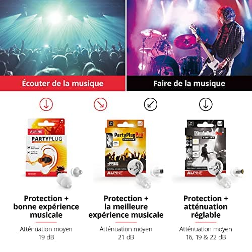 Alpine PartyPlug Bouchons d'oreilles : protections auditives pour la musique (fêtes, festivals et concerts) - Restitution parfaite du son - Hypoallergéniques et réutilisables - Embouts translucides
