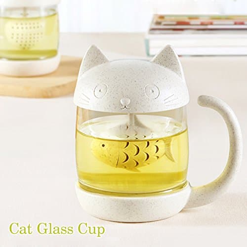 BigNoseDeer Cadeau Femme Cadeau Noel Tasse à thé en verre chat, bouteille d'eau avec infuseur à thé en forme de poisson, Passoire Filtre Tassen de café 250ML (8OZ) Cadeau Fête des Mères