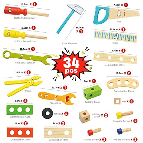 Withosent Caisse à Outils Enfant, 34 Pièces Jouets en Bois Boite a Outil Enfant, DIY Jeux de Construction Enfant pour Garçons Filles de 3 Ans