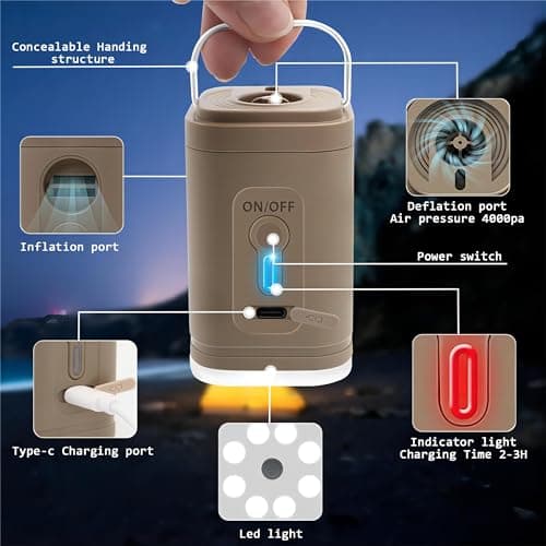 Mini Pompe à air Électrique avec 5 Buses, Gonfleur/Dégonfleur Portables avec Batterie Rechargeable et Adjustable Lumière LED, Pompe à Matelas d'air de Voyage, 2 en 1 Gonfle et Dégonfle Rapidement