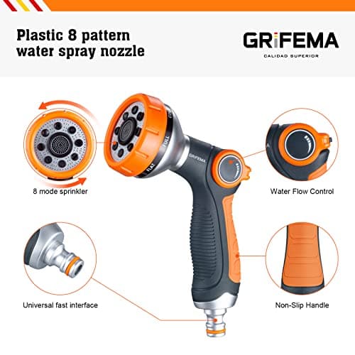 GRIFEMA GE1303 Pistolet arrosage du jardin 8 modèles réglables, pulvérisateur multifonctionnel avec débit d'eau contrôlable, lavage de voiture, nettoyage de cour, Exclusivité Amazon