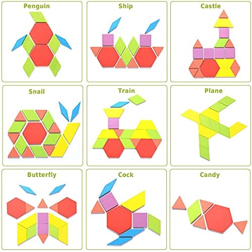 KanCai Puzzle en Bois Jouets 155 Piècess Tangrams Blocs de Modèle Classiques Jouets Montessori Jouets éducatifs avec 24 Cartes de Conception pour Enfant
