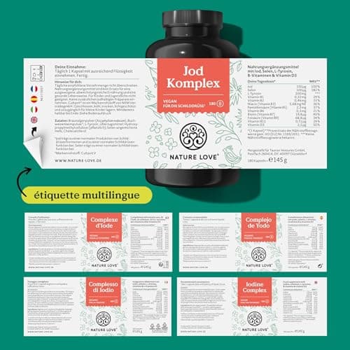 NATURE LOVE® Complexe d’Iode pour thyroïde - 180 gélules - iode, sélénium, L-tyrosine, vitamine B & D - iode naturel d’algues brunes (varech) - 6 mois - hautement dosé, végane, contrôlé en laboratoire