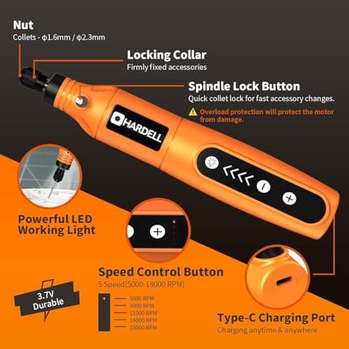 HARDELL Outil Rotatif Multifonction, 5-Vitesses Outil Multifonction sans Fil avec Lumière LED et 36 Accessoires pour Gravure, Polissage, Ponçage, Perçage, Meulage