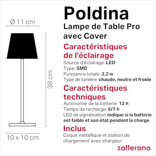 Zafferano, Lampe Poldina Pro avec Cover, Lampe de Table Rechargeable et Sans Fil avec Contrôle Tactile, Lampe d'Extérieur, Dimmer 2200-3000 K, Hauteur 38 cm, Couleur Blanc - Mer Bleue