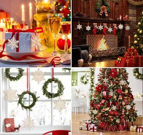 ilauke 24pcs Decoration Sapin de Noel en Bois 7x8cm,Flocons de Neige en Bois Decoration avec Boîte en Bois,6 Styles Ornements en Forme de Flocon de Neige en Bois de 3mm D'épaisseur pour Noël,Mariage