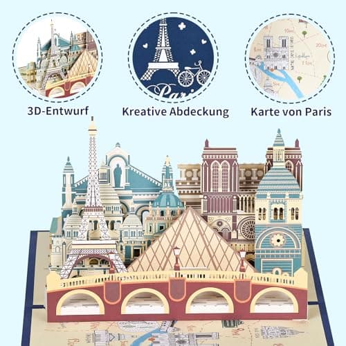 joyoldelf Carte Voeux de Voyage Pop Up - Carte Anniversaire 3D, Carte Retraite, Cadeau Voyage Vacances, Billet Avion, Convient Aux Hommes, Femmes, Amis, Voyage, Lune De Miel(Tour de Paris)