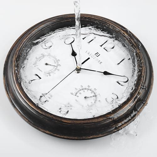 Lafocuse 30cm Horloge Murale Exterieure Etanche avec Thermomètre et Hygromètre, Vintage Marron Pendule Murale Retro, Silencieuse Shabby Chic Deco pour Extérieur, Jardin, Balcon, Salle de Bain, Cuisine