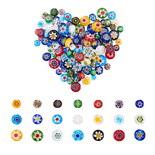 UR URLIFEHALL Lot de 140 perles en verre soufflé Millefiori rondes et plates - Motif floral - Perles d'espacement en vrac pour la fabrication de bijoux