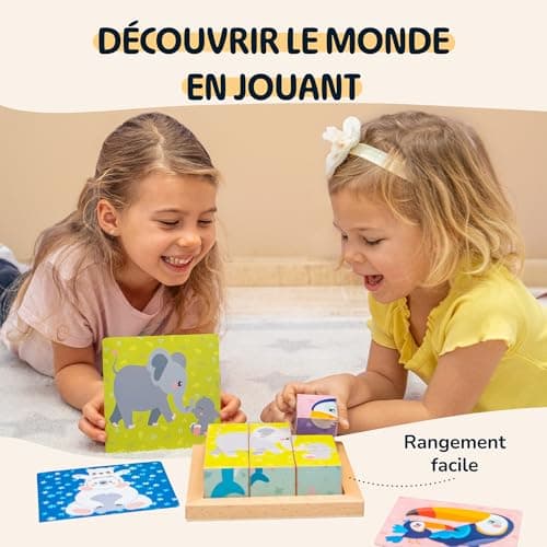 Merle Toys® Puzzle Enfant 2 Ans, Puzzle en Bois Enfant 3 Ans, Jeux Montessori Éducatif, Puzzle Cube en Bois, Jouet Enfant 2 Ans, 6 Motifs d’Animaux Sauvages pour Stimuler Curiosité et Apprentissage
