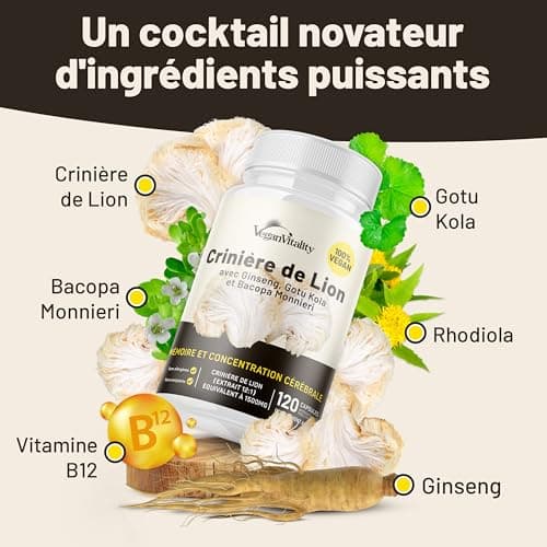 Complexe de capsules de supplément de champignons Lions Mane - Supplément sans caféine, extrait de crinière de lion - 120 capsules végétaliennes de Bacopa Monnieri, Gotu Kola, Ginseng