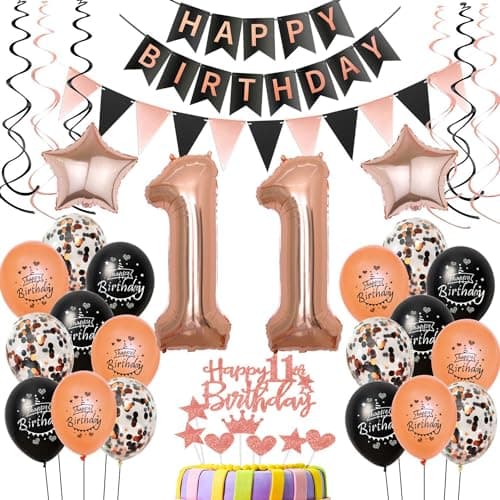 décoration 11 ans fille anniversaire ballons or rose noir,décoration anniversaire 11 ans fille ballons rosegold chiffre 11, Happy Birthday bannière 11 ans déco ballon 11 ans anniversaire fille