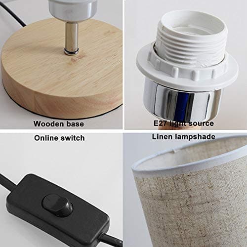 Mengjay Lampe de chevet en bois rond vintage avec abat-jour beige et lampe de bureau E27 LED style maison de campagne Veilleuses