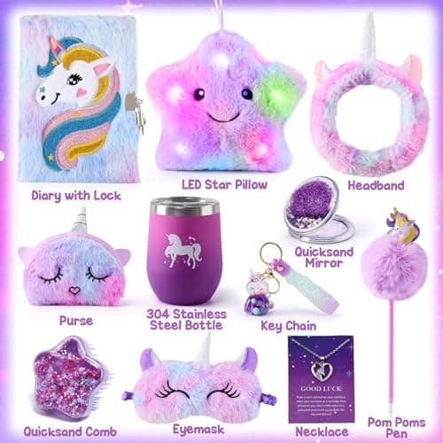 Licorne Cadeau Fille 4 5 6 7 8-10 Ans Peluche Journal Intime Carnet LED Étoile Coussin Masques de Sommeil Porte Clé Licorne Bandeau Maquillage Peigne Miroir Licorne Jouet Anniversaire Fille Cadeau