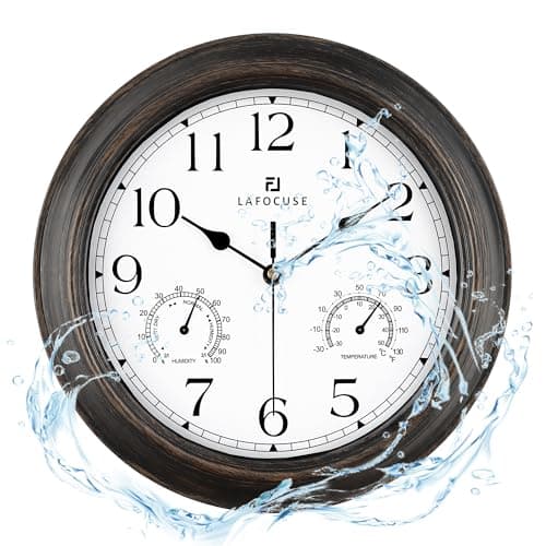 Lafocuse 30cm Horloge Murale Exterieure Etanche avec Thermomètre et Hygromètre, Vintage Marron Pendule Murale Retro, Silencieuse Shabby Chic Deco pour Extérieur, Jardin, Balcon, Salle de Bain, Cuisine