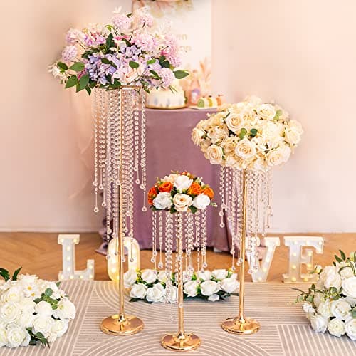 Sziqiqi 55cm Doré Centre de Table Mariage Vase avec Chaîne en Cristal - 2 Pièces Vases Centre de Table Fleur en Métal Vase Mariage Haut Anniversaire Bapteme Noel Communion Nouvel