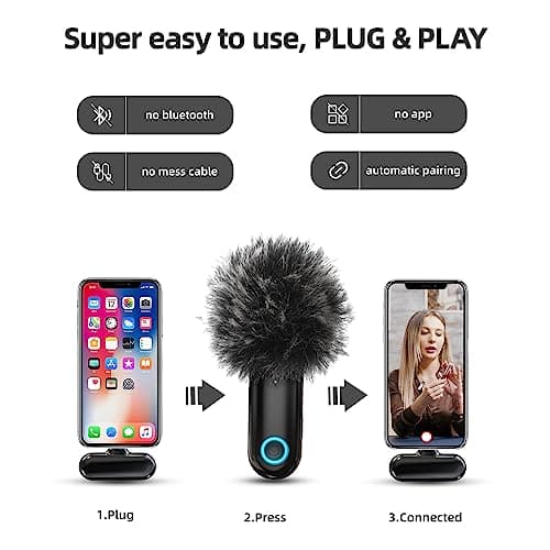 LAMSCAT Microphone sans Fil pour iPhone/iOS/iPad/Android/USB C/PC, Microphone Professionnel pour Enregistrement, Streaming, Youtube, TikTok, Pas d'application nécessaire (Noir 1 à