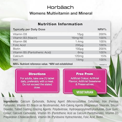 Multivitamines et Minéraux Femme | 180 Comprimés Vegan | pour Système Immunitaire et Soutien énergétique | Complément Alimentaire avec Fer Calcium Biotine et Acide Folique | par Horbaach