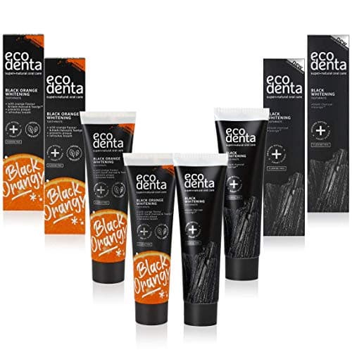 Ecodenta Dentifrice au Charbon Actif Dents Blanches Sans Fluor 4 Pack I Dentifrice au Charbon Noir Blanchiment des Dents I Dentifrice Blanchissant les Dents au Charbon Actif Noir Saveur Orange 4x100ml