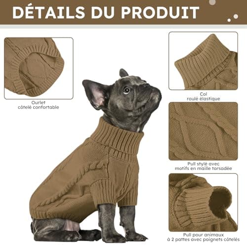 Queenmore Pull Chien Petite Taille Bouledogue Français Chaud Pull-Overs pour Chiens Pull Chihuahua Manteau Teckel Vetement pour Chien Chat d'hiver, Marron, S