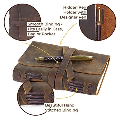 Coffret cadeau Journal en Cuir avec signet en Cuir Effet Vieilli + Stylo, Carnet de notes relié en cuir Carnet Journalier pour lui et pour elle Meilleur Coffret Cadeau De Luxe Carnet de voyage 18x13cm