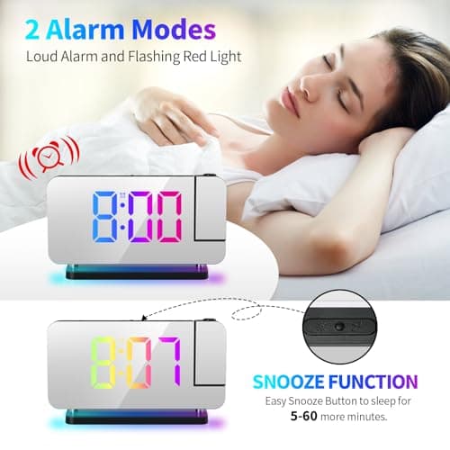 ThreeH Réveil Arc-en-Ciel Numérique Réveil à Projection Grand écran LED Miroir Veilleuse Colorée Double Ports Charge USB Fonction Snooze Dimming Volume Ajustable Noir