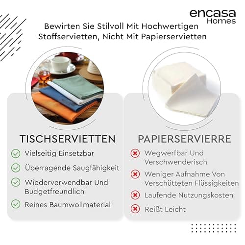 Encasa Serviettes en Tissu de Coton | Ensemble de 6 | Taille 43x43 cm | Couleur Unie Blanc| Lavable en Machine